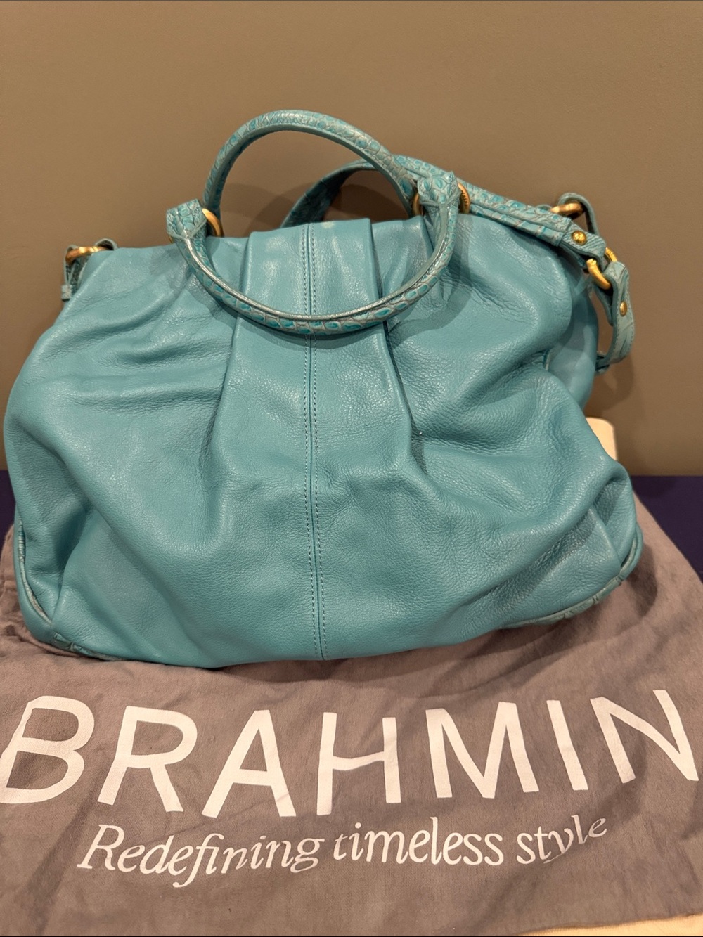 Brahmin Turquoise Leather Tote with Gold Hardware - Picture 4 of 7